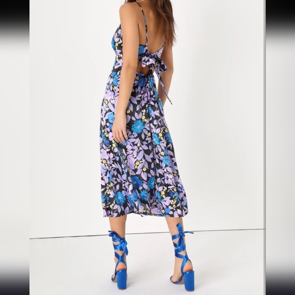 Lulu's Going for Bold Blue Floral Satin Tie-Back Midi Dress NWT - Picture 3 of 5